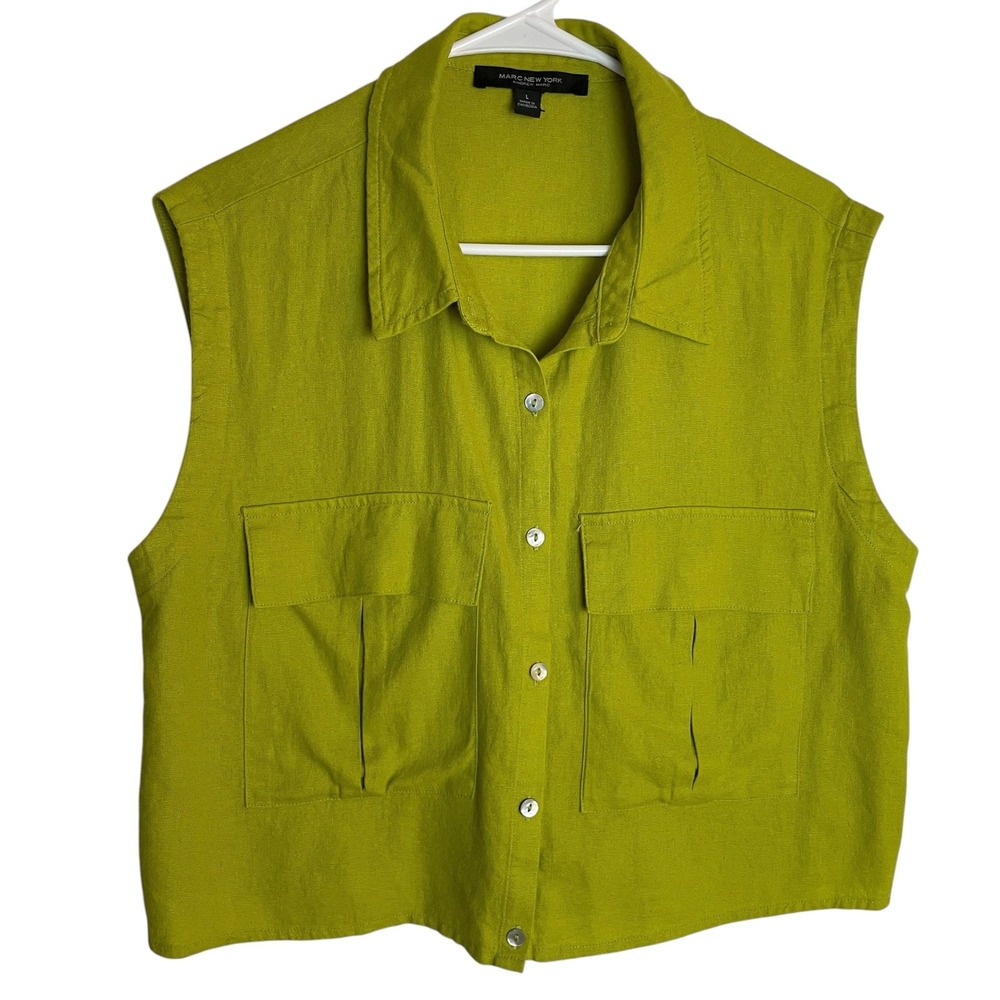 Marc New York Womens Linen Blend Top Size L Chartreuse Sleeveless Boxy Button Up